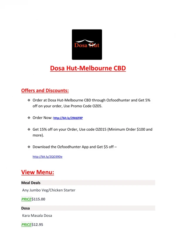 15% Off - Dosa Hut-Melbourne CBD-Melbourne - Order Food Online