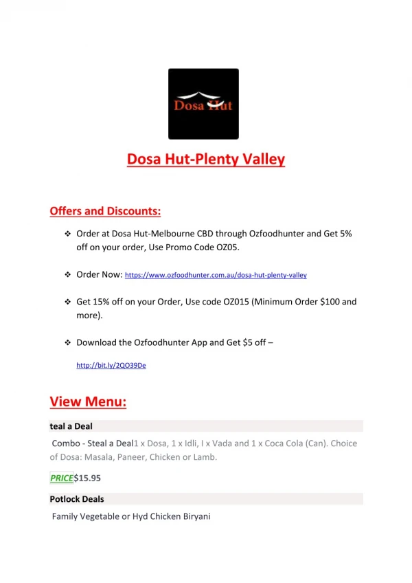 15% Off - Dosa Hut-Plenty Valley-Mill Park - Order Food Online