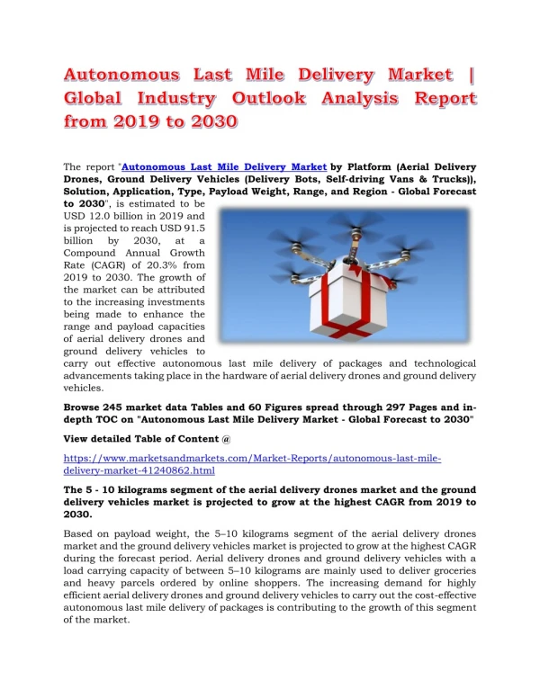 Autonomous Last Mile Delivery Market | Global Industry Outlook Analysis Report from 2019 to 2030