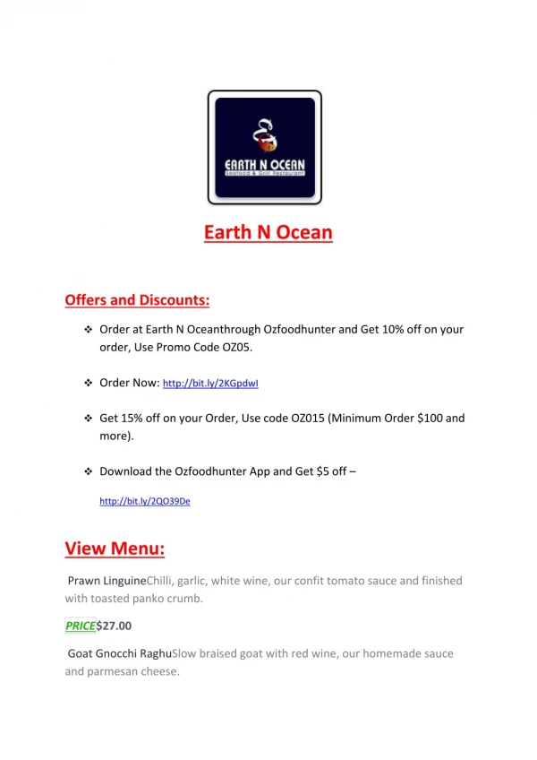 25% Off -Earth N Ocean-Victoria Park - Order Food Online<