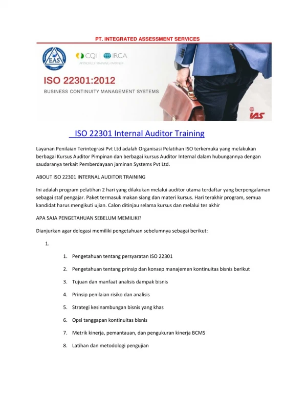 ISO 22301 Internal Training course in Indonesia