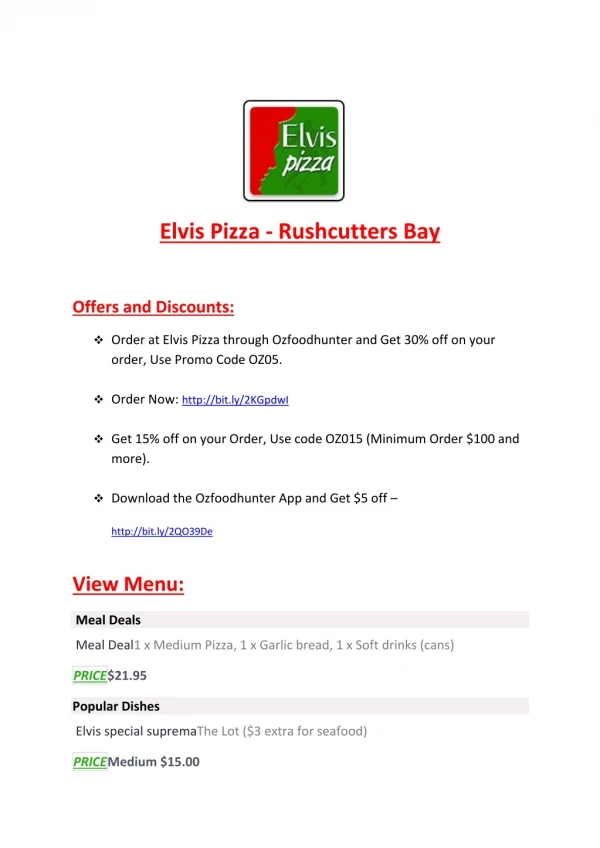 40% Off -Elvis Pizza - Rushcutters Bay-Rushcutters Bay - Order Food Online