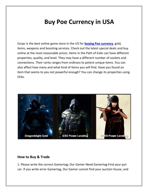 Buy Poe Currency in USA