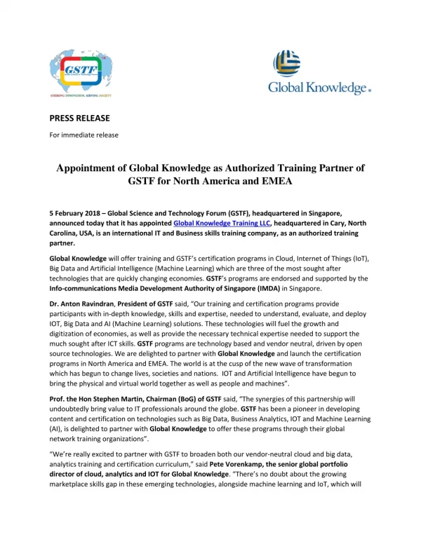 Appointment of Global Knowledgeas Authorized Training Partner of GSTF for North America and EMEA