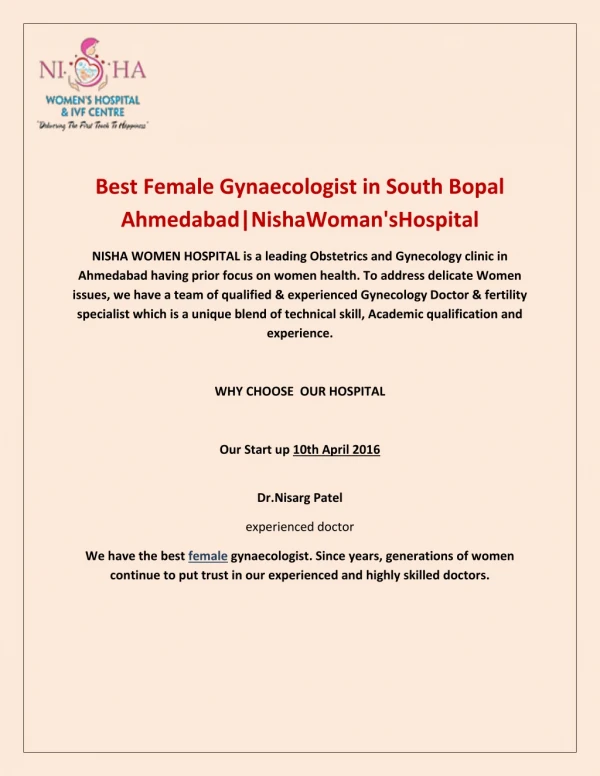 Best Female Gynaecologist in Bopal Ahmedabad|NishaWoman'sHospital