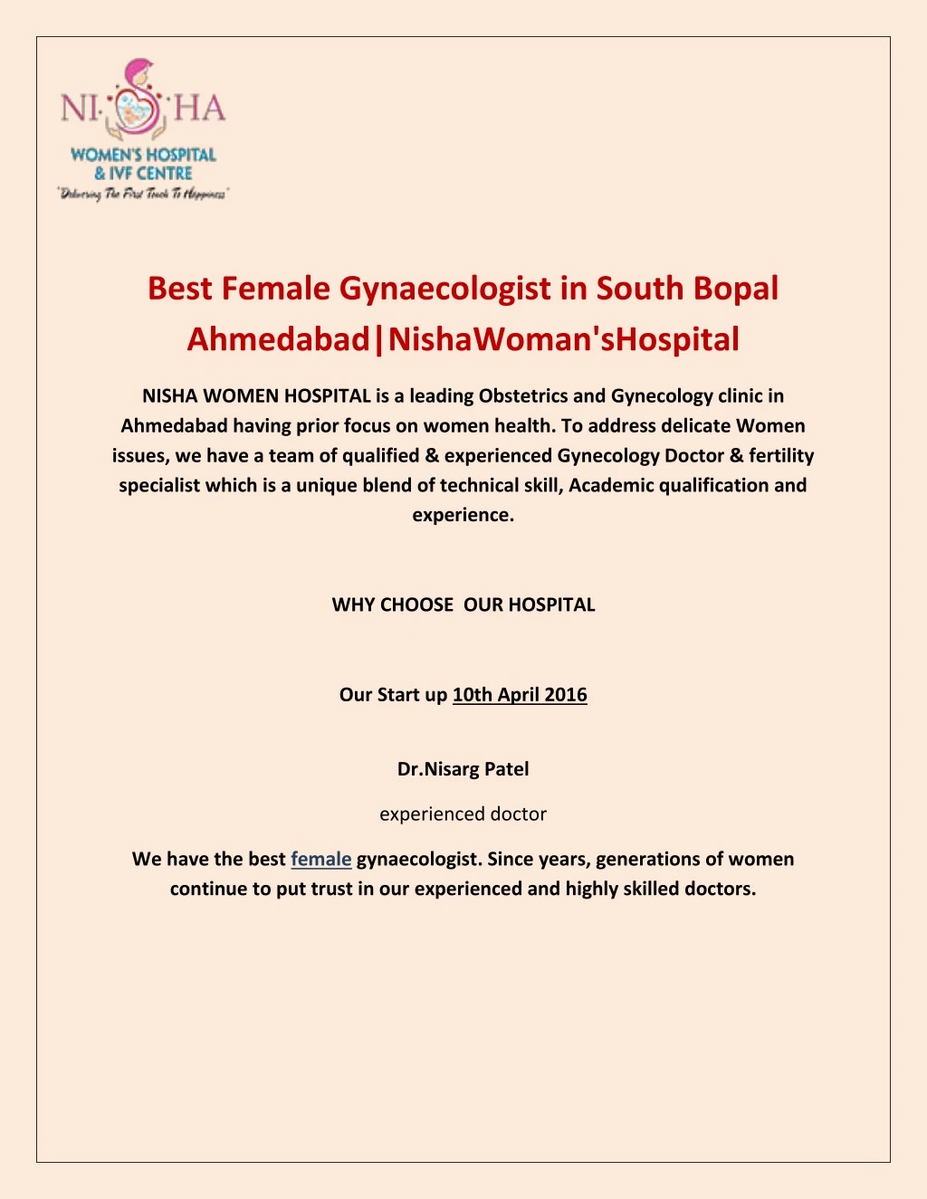 best female gynaecologist in south bopal