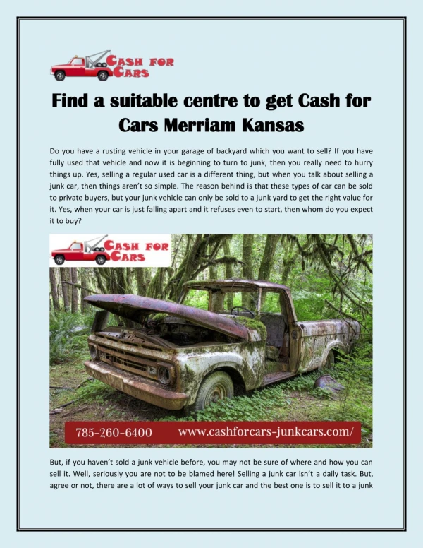 Find a suitable centre to get Cash for Cars Merriam Kansas