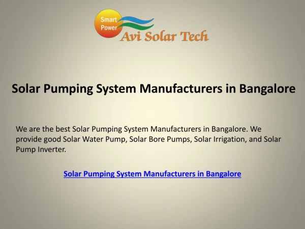 Solar Pumping System Manufacturers in Bangalore