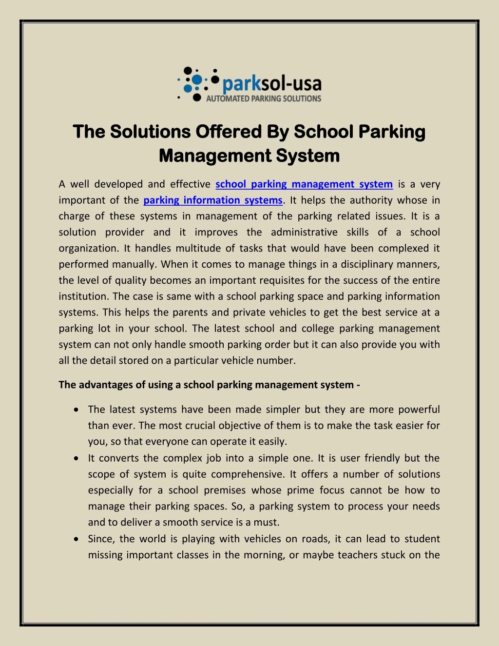 the solutions offered by school parking
