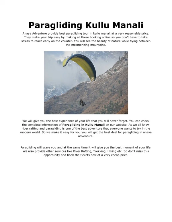 Paragliding Kullu at a very reasonable price