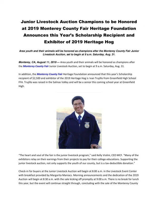 Junior Livestock Auction Champions to be Honored at 2019 Monterey County Fair Heritage
