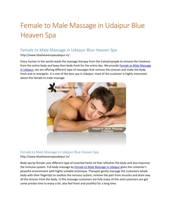 Female to Male Massage in Udaipur Blue Heaven Spa