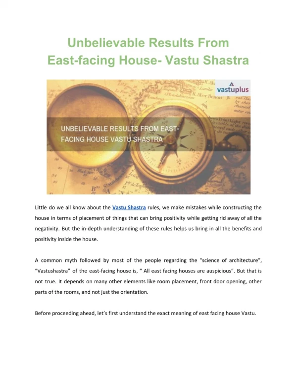 Unbelievable Results From East-facing House- Vastushastra