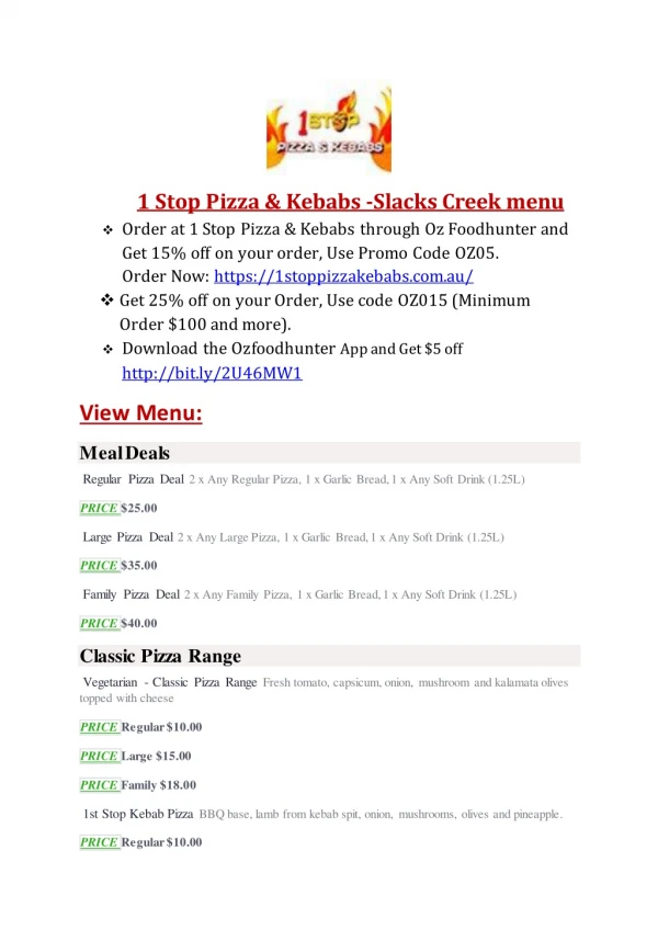 10% off | 1 Stop Pizza & Kebabs - Pizza restaurant Slacks Creek Logan, QLD.