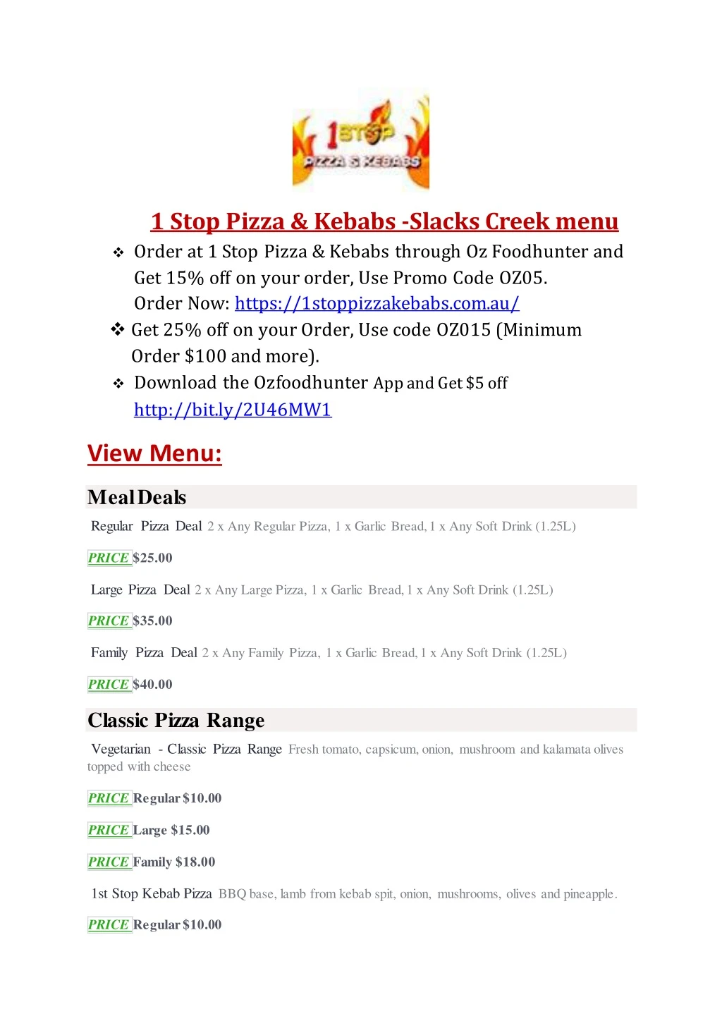 1 stop pizza kebabs slacks creek menu order