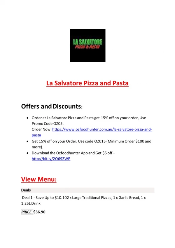 25% Off -La Salvatore Pizza and Pasta-Narellan - Order Food Online