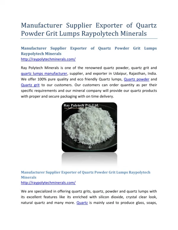 Manufacturer Supplier Exporter of Quartz Powder Grit Lumps Raypolytech Minerals