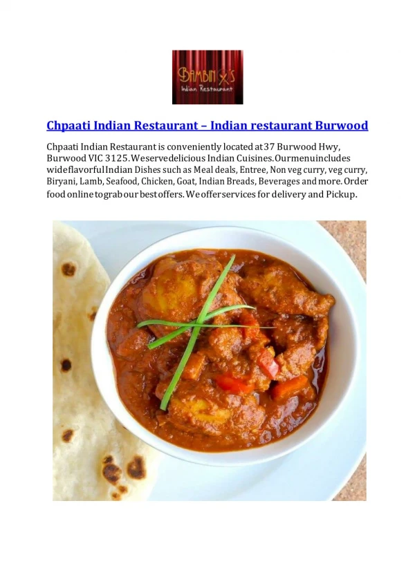 Chpaati Indian Restaurant, Burwood Melbourne– 15% off- Indian takeaway