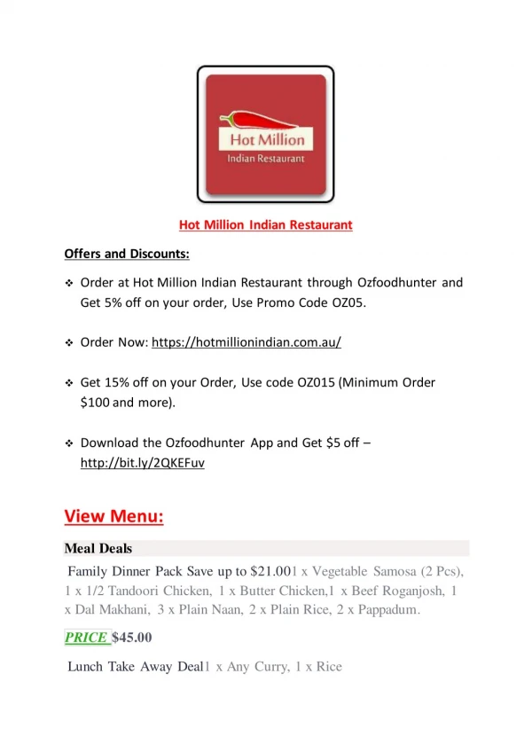 5% OFF - Hot Million Indian Restaurant Menu – Indian Shepparton, VIC 3630.