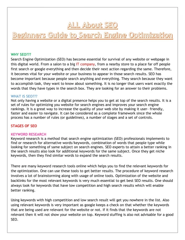 ALL About SEO | Beginners Guide to Search engine optimization.