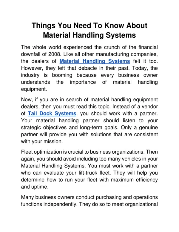 Things You Need To Know About Material Handling Systems