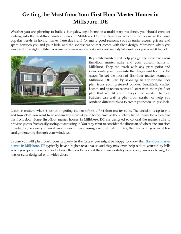 Getting the Most from Your First Floor Master Homes in Millsboro, DE