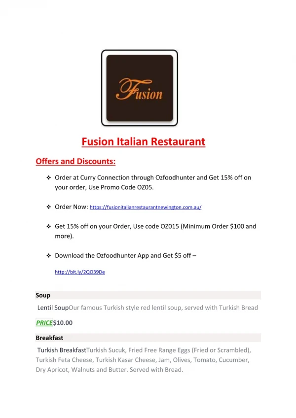 Fusion Italian Restaurant Newington, Sydney – 10% off – Order Pizza Newington.