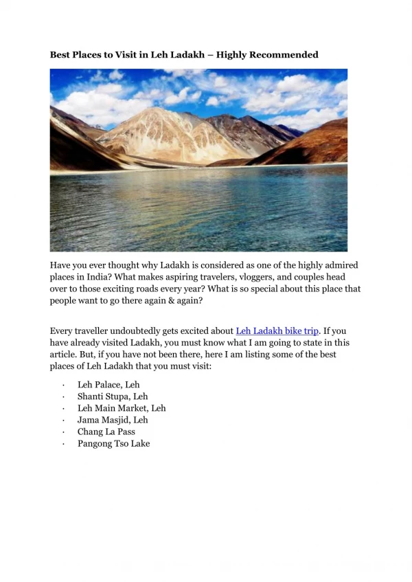 Best Places to Visit in Leh Ladakh – Highly Recommended