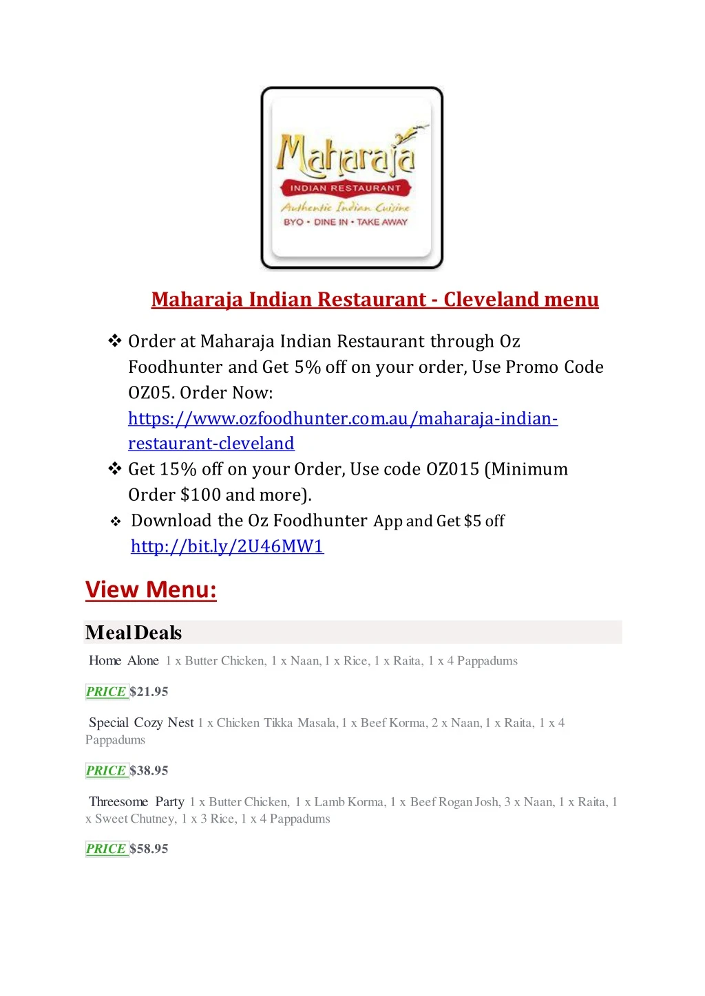 maharaja indian restaurant cleveland menu order