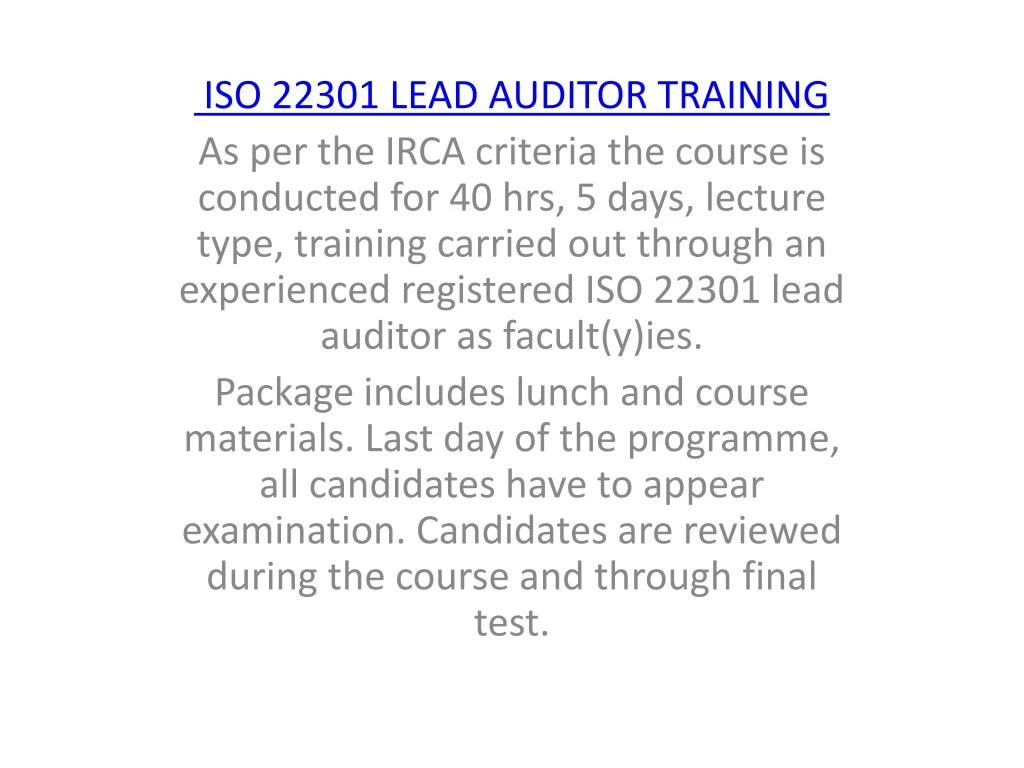 iso 22301 lead auditor training as per the irca
