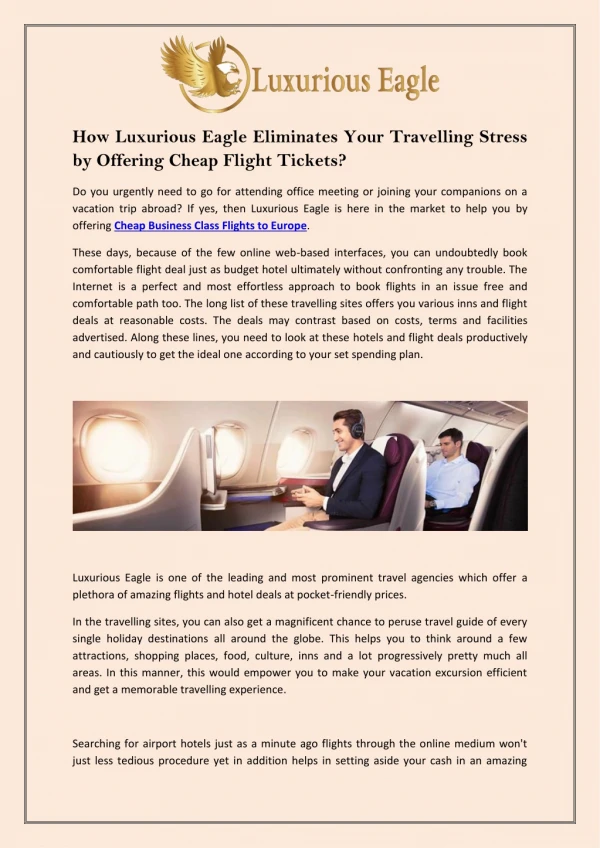 How Luxurious Eagle Eliminates Your Travelling Stress by Offering Cheap Flight Tickets?