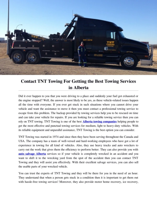 Contact TNT Towing For Getting the Best Towing Services in Alberta