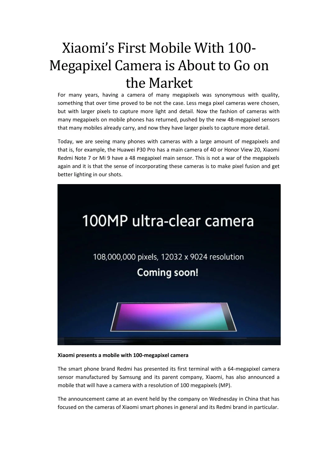 xiaomi s first mobile with 100 megapixel camera