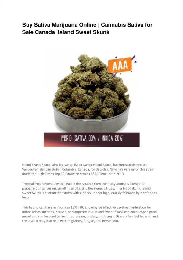 Buy Sativa Marijuana Online | Cannabis Sativa for Sale Canada |Island Sweet Skunk