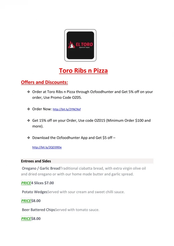 15% Off - Toro Ribs n Pizza-Banksmeadow - Order Food Online