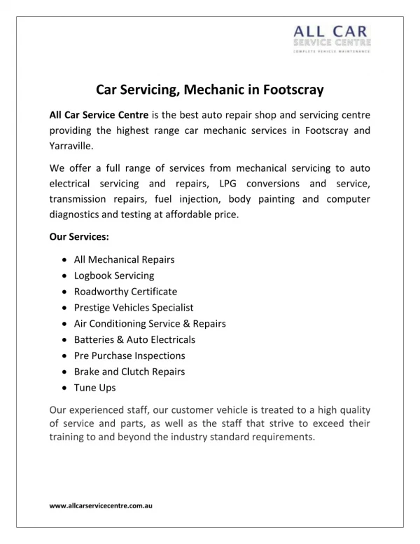 Car Servicing, Mechanic Footscray - All Car Service Centre