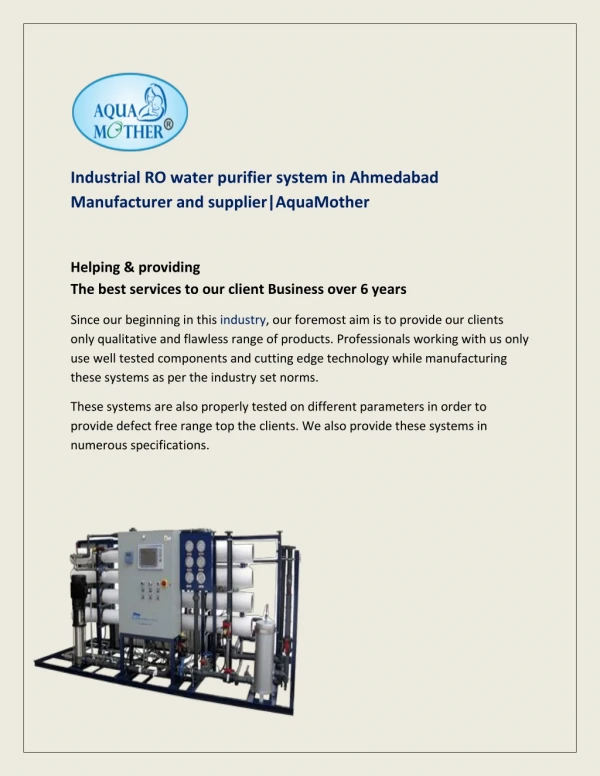 Industrial RO System in Ahmedabad Supplier and Manufactrure|AquaMother