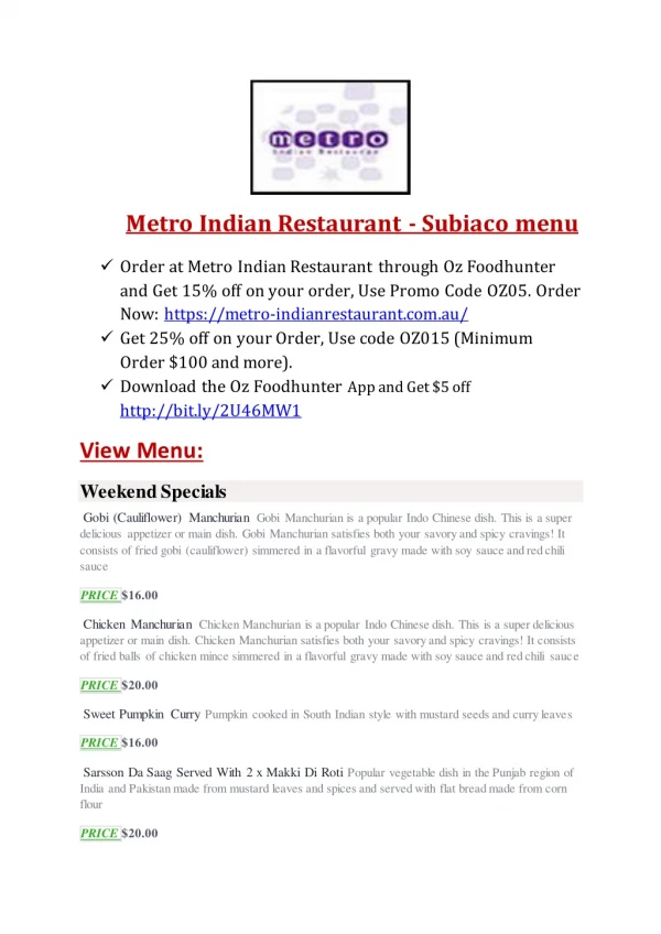 Metro Indian Restaurant Subiaco, Perth– 10% off – Takeaway Subiaco