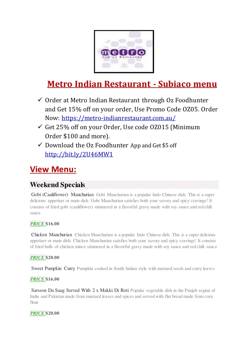metro indian restaurant subiaco menu order
