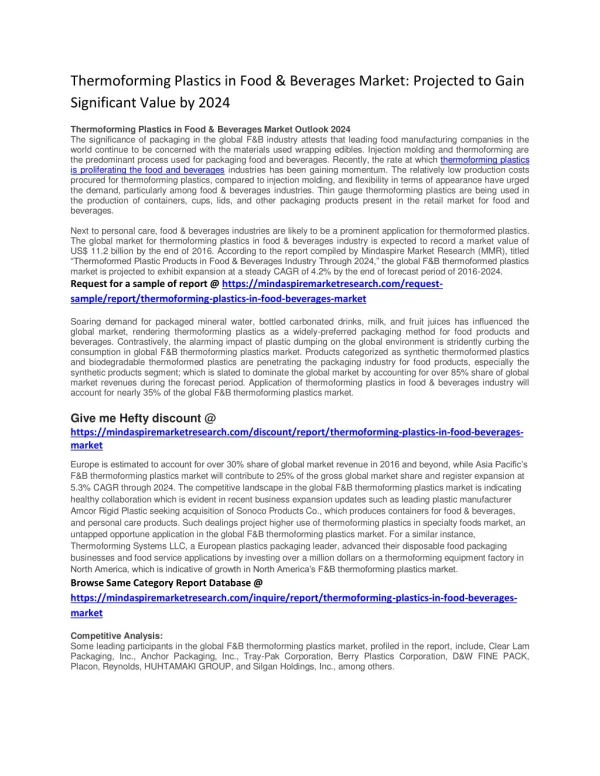 Thermoforming Plastics in Food & Beverages Market: Projected to Gain Significant Value by 2024