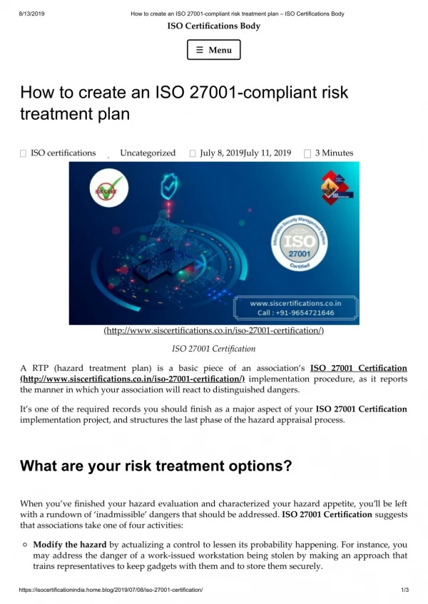 How to create an ISO 27001 Certification (ISMS) compliant risk treatment plan?