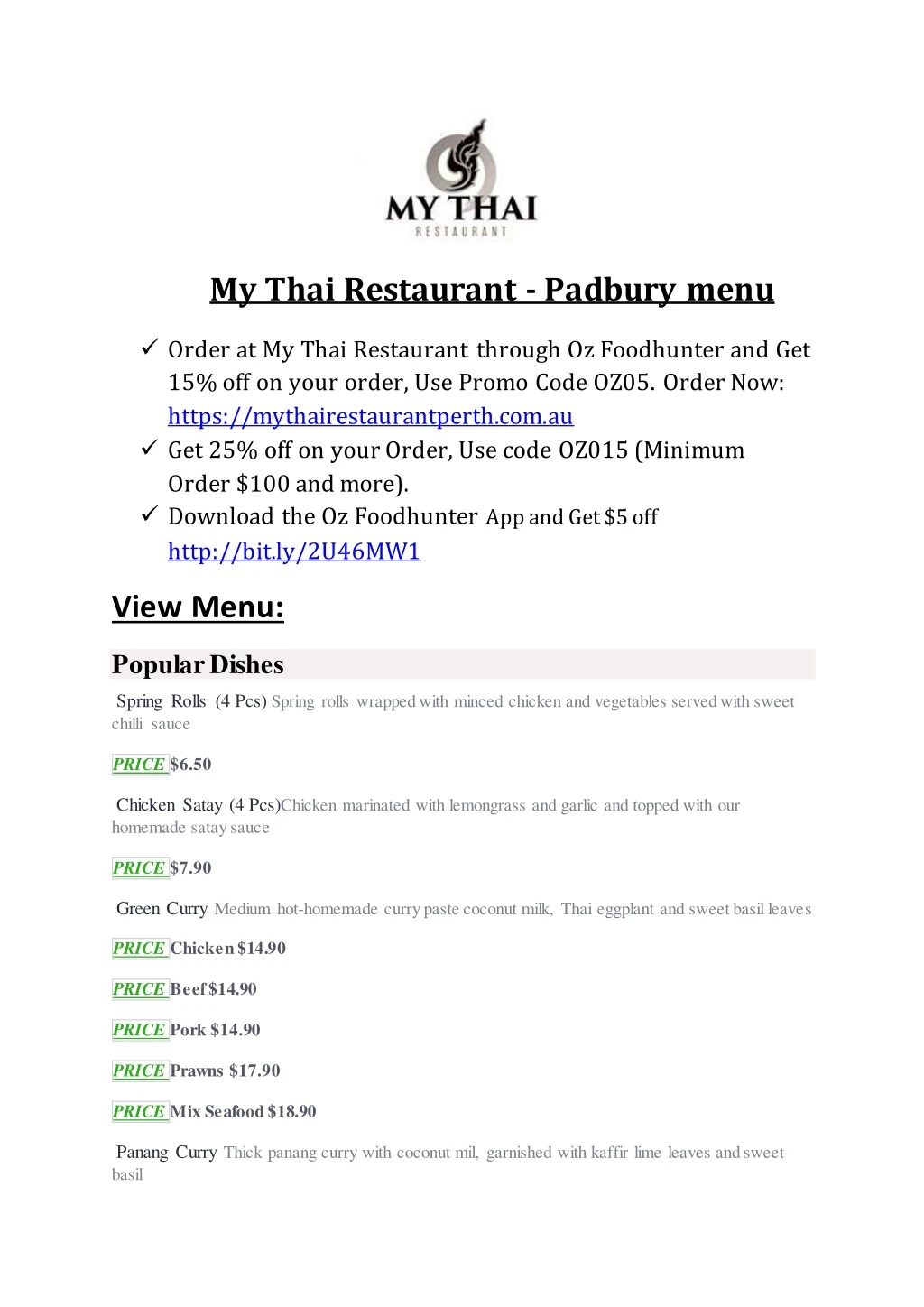 my thai restaurant padbury menu order at my thai