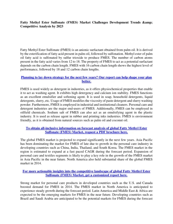 Fatty Methyl Ester Sulfonate (FMES) Market Challenges Development Trends & Competitive Analysis by 2023