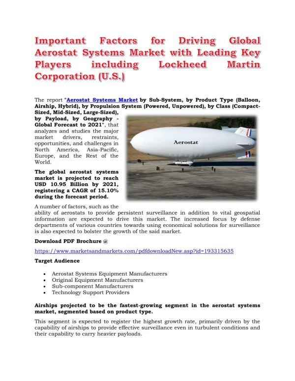 Important Factors for Driving Global Aerostat Systems Market with Leading Key Players including Lockheed Martin Corporat