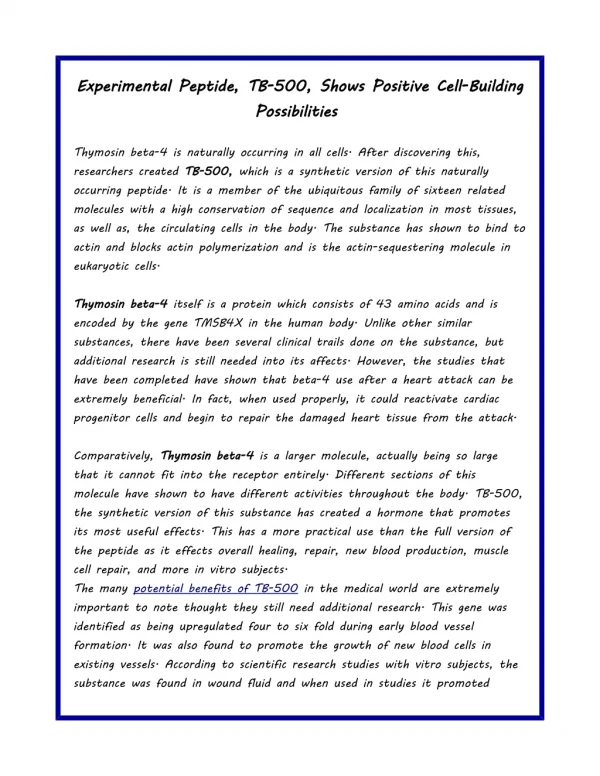 Experimental peptide, tb 500, shows positive cell-building possibilities