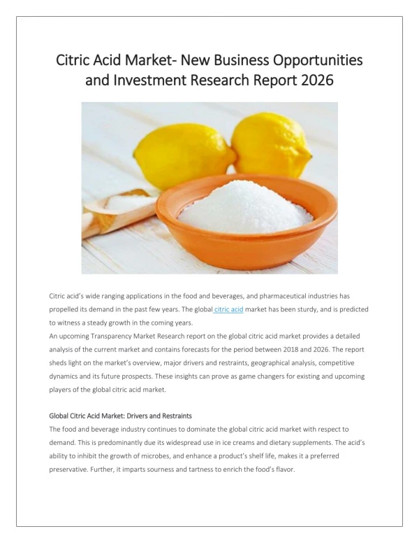 Citric Acid Market Global Industry Analysis and Forecast Till 2026