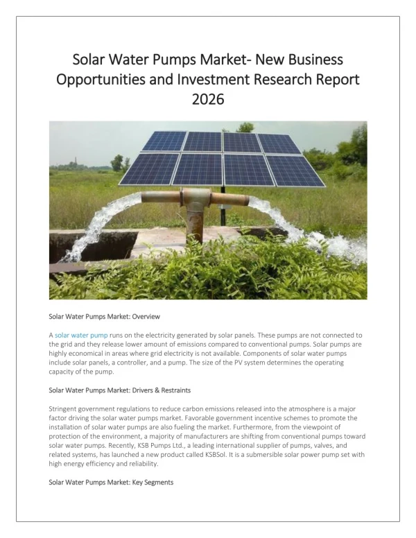 Solar Water Pumps Market Comprehensive Industry Report Offers Forecast and Analysis 2026