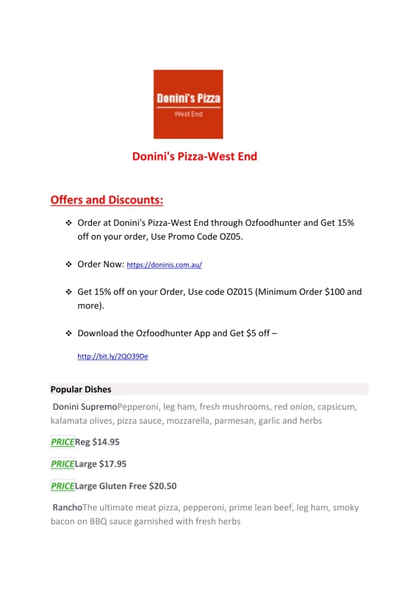 Donini's Pizza West End Menu - 	10% off – Pizza restaurant West End, Brisbane, QLD