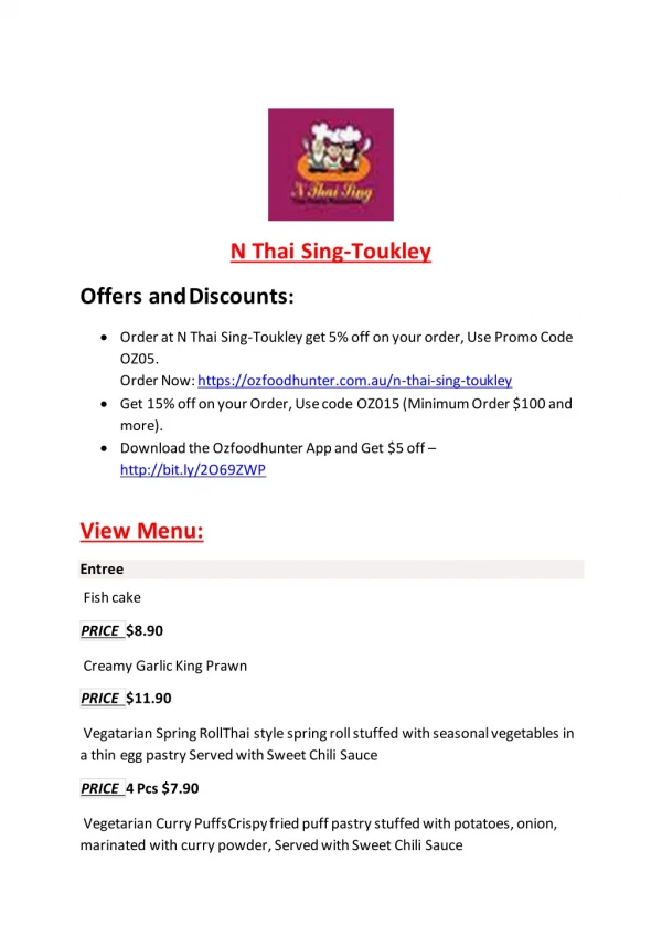 15% Off - N Thai Sing-Toukley-Toukley - Order Food Online