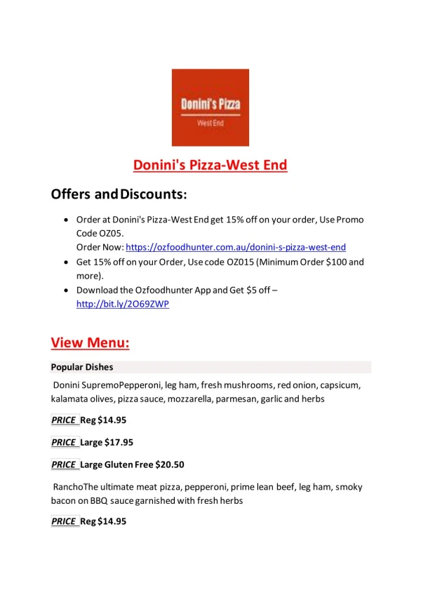 25% Off -Donini's Pizza-West End-West End - Order Food Online